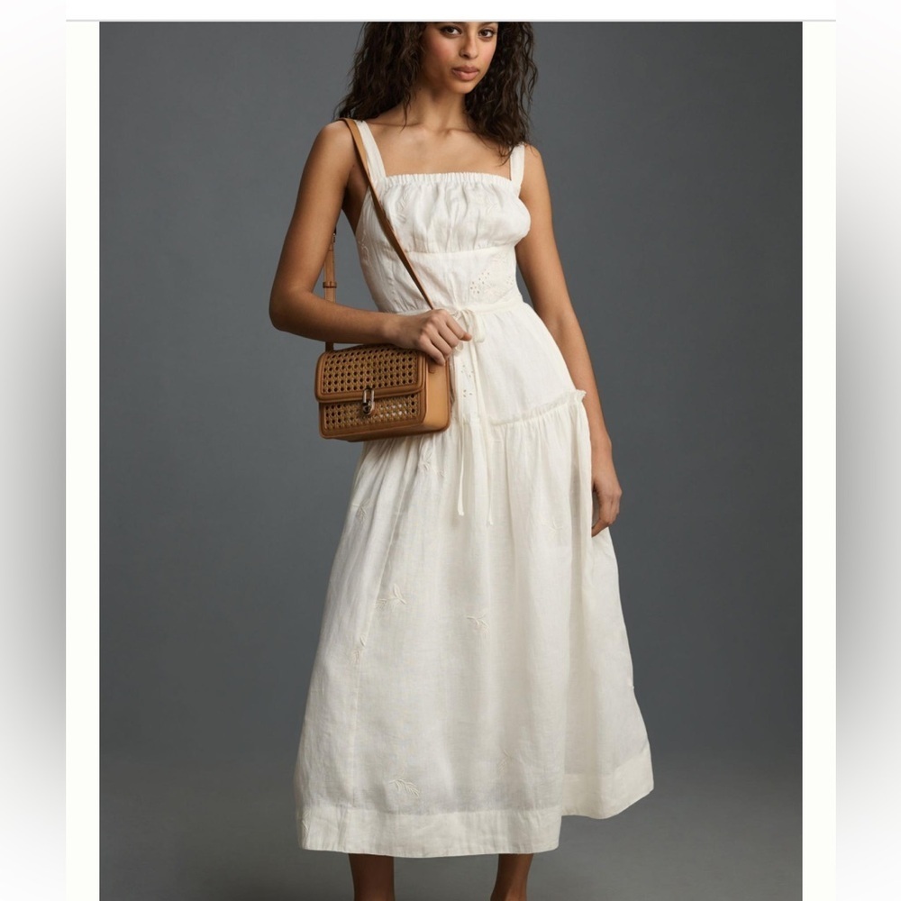 Anthropologie 100% Linen Square-Neck Midi Dress Ivory S